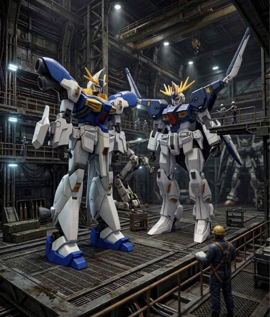 ※写真はオデュッセウス級3号機ペルセウス（左）とオデュッセウス級2号機アルケイデス（右）■ペルセウスガンダム 開発背景②これを受け、地球連邦組織は凍結していたセカンドGP計画の継続を立案し、サナリィ（S.N.R.I.）ならびにブッホ・エアロダイナミクス社を新たな開発パートナーとして選定。本計画は、オジマンディアス級の高機動重MSに対抗可能な防衛・迎撃機の早期実用化を目的とし、開発コード「ZORIN SHIELD（ゾーリン・シールド）」が付与された。しかし、当該時期において、サナリィおよびブッホは小型高性能MS分野では優位性を有するものの、ペーネロペー級に匹敵する大型フライトMSの単独開発実績および生産基盤は十分とは言えなかった。このため、開発工程の短縮とリスク低減を目的として、既存資産であるオデュッセウスガンダム予備機体（3号機）をベース機として転用する方針が採用される。&nbsp;