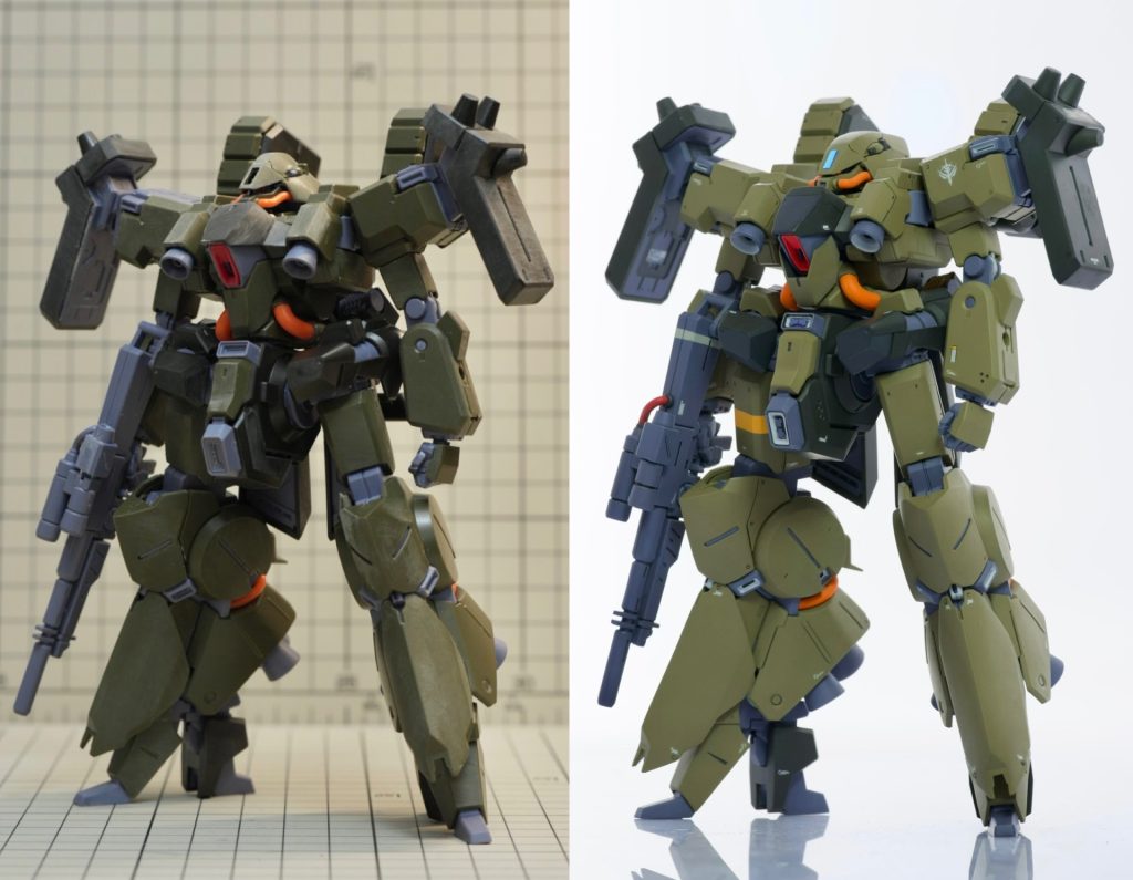 左が改修前、右が今回制作した改修したリーベンヴォルフ。頭部‥画稿と比べると、キットは頭頂が盛り上がっていて、襟足に向かって傾斜がきつめだと感じました。画稿は襟足に向かって傾斜はゆるく、頭部が潰れてる印象。頭部はポリパテを使用し改修。胴体‥設定画稿と比べて、キットそのままだと胴が長く感じます。胸部とウェスト部の接合部を削り落とす事で長い印象の胴を短縮。接合部を欠いたので、真鍮パイプとポリパテを使用して、胸部とウェストをくっつけています。設定画稿は頭が胴体に埋まってる印象があったので、肩部との接合部を高めに調整。腕部‥胴体を改修した事で、腕が長く見えました。画稿と見比べると上腕が長いので、短めのピッチで修正。脚部‥バランスどりのために、腿3mm、足の甲2mm、踵1.5mm、脛アーマー3mm延長ディテールアップは自分が思うジオンらしさを表現したかったので、パネルラインは抑えめにして、リベットを多用。リベットはピンバイスで穴を開けて面取りし、伸ばしランナーを挿入して生成。