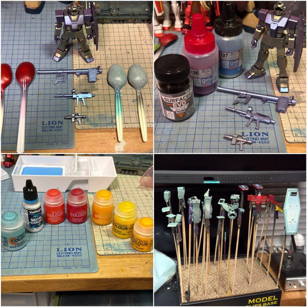 ◾️塗装レシピ下地、武器、関節等:ガンメタサフ+偏光塗料仕上げ:シタデルコントラスト、ファレホ等ハイライト:エナメルクリアイエローを面中心にトントン◾️ウェザリング・ウェザリングカラーフェイスグリーンで墨入れ兼ウォッシング・エナメルダークアイアン、チタンシルバーでチッピング&ドライブラシ