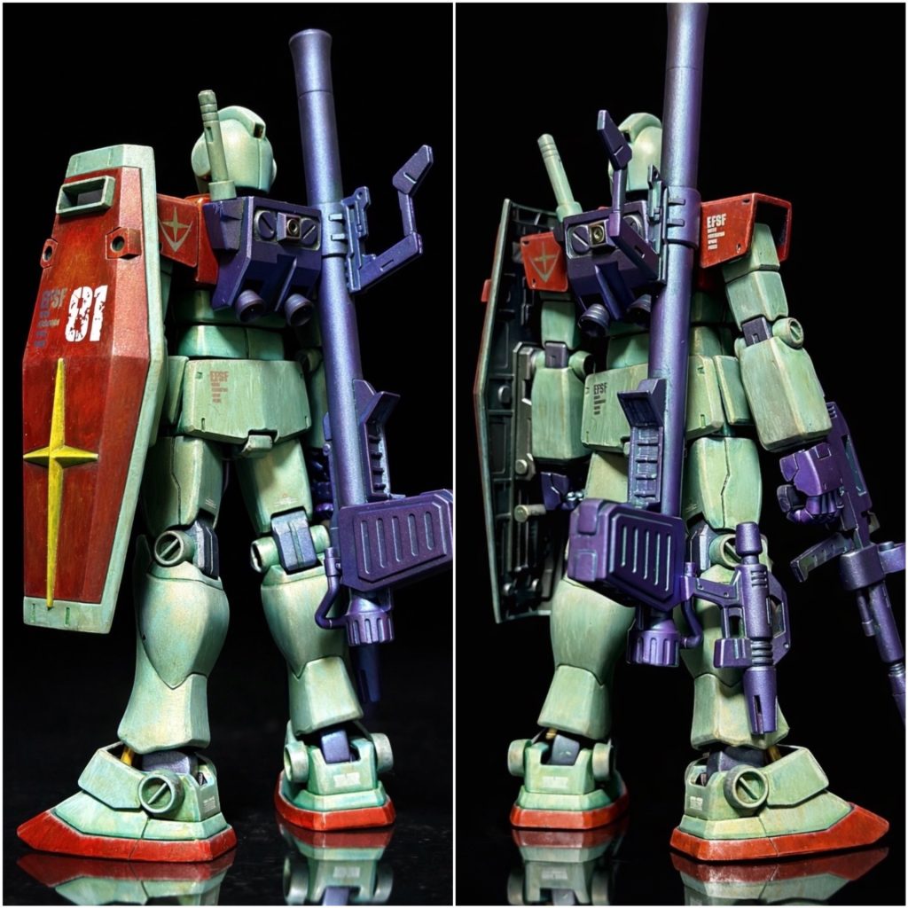 ネオジム磁石仕込んでバックパック右側と右脚に武器マウントできるようにしました。武器、関節、バックパック、ハンドパーツ等は下地のガンメタサフ+偏光パールチェリーピンクブルーをそのままウェザリングカラーフェイスグリーンで墨入れ、ウォッシングした状態で仕上げとしました。偏光塗料を武器、関節等に採用してもそこまで主張しない割に独特な存在感は出せるので、ありだなと個人的に感じました。これから多様したい表現。