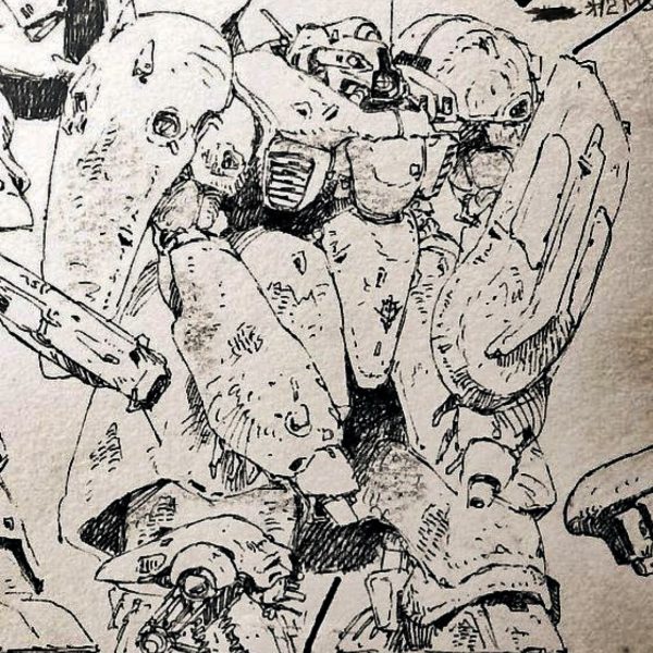 小林誠氏が書いた絵を元に、制作をしてまいりまいりましたが、スカートは若干ポリパテで修正して、作画に近い物となったかと思います。画像に重ねて置くと、もっと大きいのかなぁとも思いましたが、作画の嘘という事で目をつぶりました。残るは、アーム、バックパック、アンダーパーツですね。アームとバックパックはホビージャパンにて、鎌田勝氏がフルスクラッチした写真の背面を参考に制作予定ですが、なるべく小林氏の絵を元にして、制作していきたいと思います。そして、大量に使用しているポリパテについて、普段使用している時に気泡が入ってしまった時の処理の仕方について、書いてみようと思います!すでに使った事のある方はご存知かもしれませんが、タミヤポリエステルパテ以下ポリパテは、主剤と硬化剤を練り合わせる事で硬化し、モデラーならほとんどの方が知っているアイテムです。完全硬化には約1時間かかりますが、約10分ほどで硬化し始め、そこからデザインナイフややすりなどで削る事ができるので作業効率が良いです。しかし気温が低いと硬化しにくいので、マストアイテムとして食器用乾燥機などを使用しさらに効率化することもできます。そんなポリパテの欠点は、シンナー臭が強いためこまめな換気が必要であることと、気泡が入りやすいということです。この気泡がなかなか厄介でして、ただ埋めようとするとなかなか埋まらないんです。大きな気泡はそれなりに修正できますが、細かな気泡については、まず埋まらないです。ポリパテを上から覆い隠すと空気かもこったままで埋めたつもりが埋まっていない、そんな状態になってしまいます。そこで、気泡処理について少し語ってみます。・私が行っている気泡処理は大きく分けて3パターンあります。①サフor溶きパテ塗料をスプレーもしくはエアブラシで吹き付ける。②周辺をデザインナイフで切り欠き、ポリパテで埋める。③シンナーを入れて、緩くしたポリパテを筆を使い塗り広げる。今回のスカート制作でも①~③を併用して製作しました。イメージとしては、①で小さい気泡を、②で大きい気泡を処理していきました。大小数が多い場所については③で全体的に修正しながら、若干の形状の変更などにも使える技です。 (2枚目)