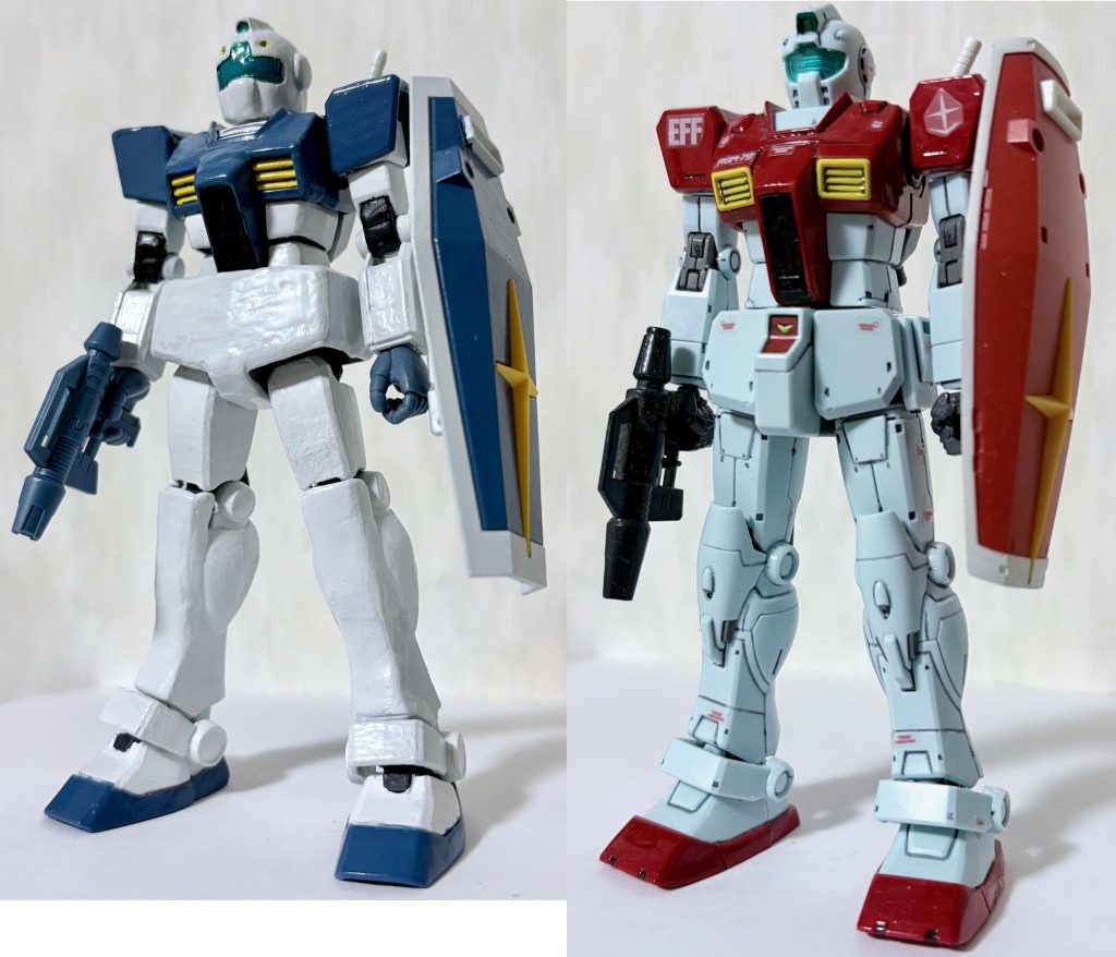 オリジンGMは今風なのでディティールが細かく、メカらしさが出ている。旧キットはまんま改造したのではなく、EGガンダムを素体にして一部パーツをGMとミキシングして組み立てたのでオリジンGMに負けないくらいにスタイルは良くなっている。頭が若干大きいのはアニメっぽさを意識している。