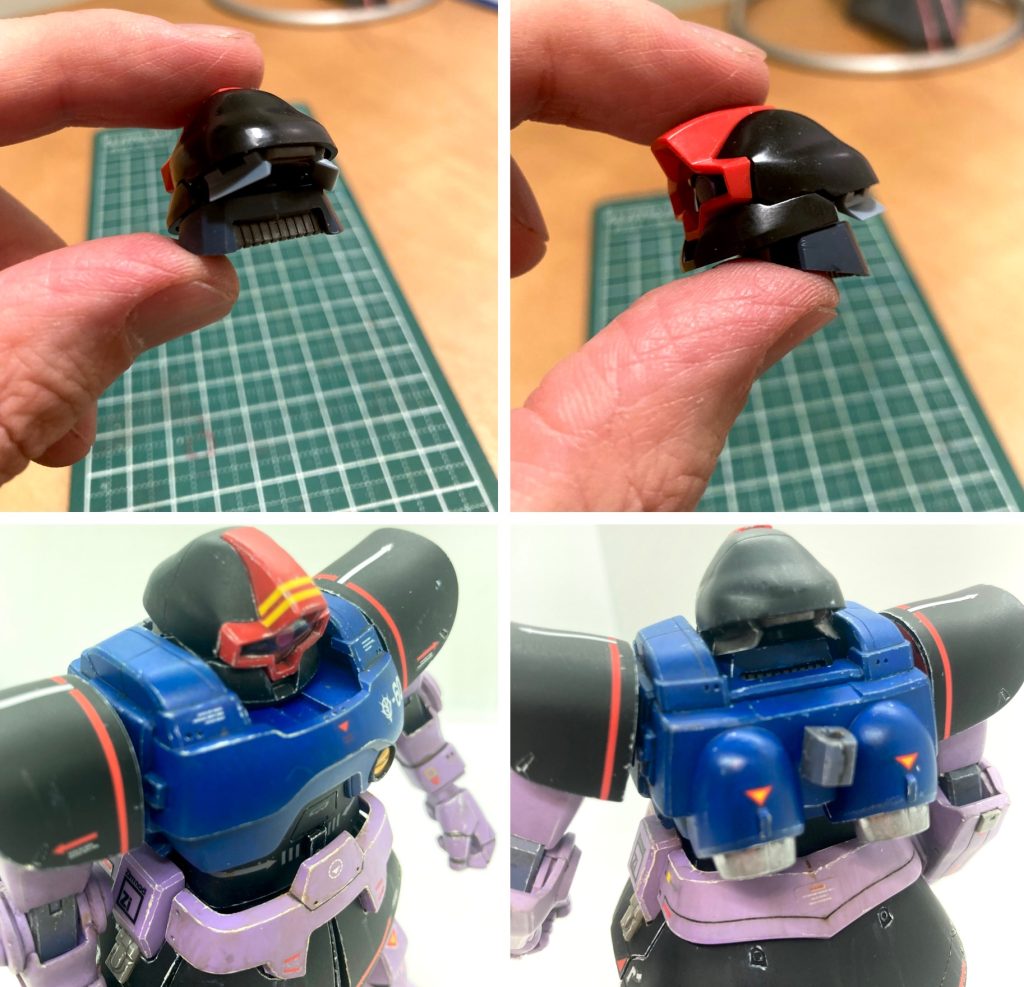 首の位置を後ろにずらし、顎を引いたシルエットに変更。（はたしてドムに顎はあるのか？(gundam-kao5))そうすると首の後ろが丸見えになるので、ジャンク、ディテールアップパーツで埋めました。