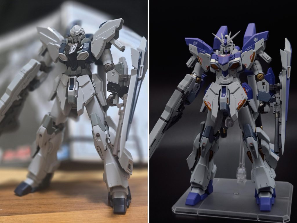 Before&Afterアムロが乗ると謳っている手前、袖付き味があるエングレービングは違和感があるので全て埋めました。ナラティブ版でない方を使えば良いんでしょうが持っていないので。。。正直シールドもνガンダムのシールドに変えるか迷いましたがゴツ目の体型にはこちらの方があっていたのでそのまま使いました。