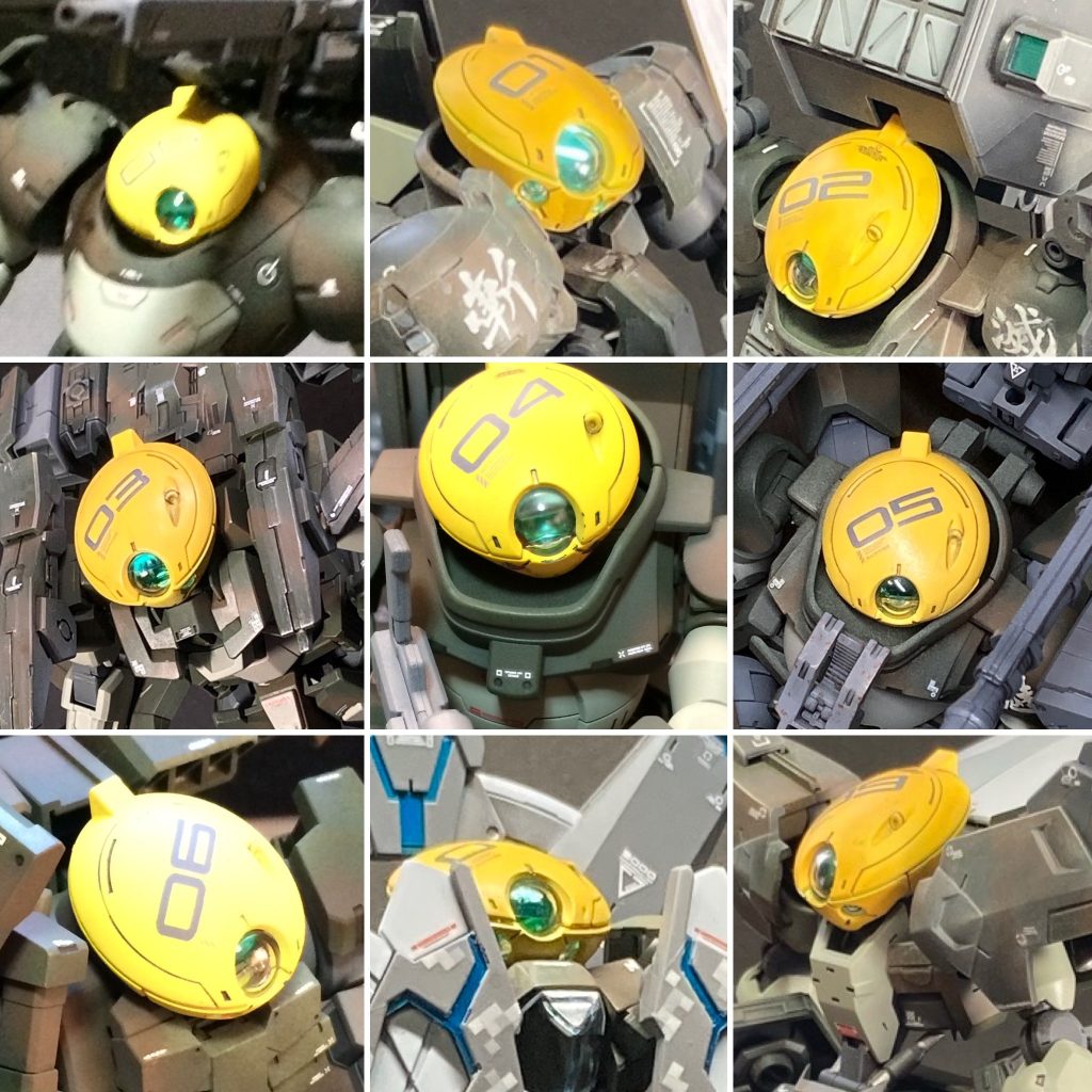 上の写真は、今までに製作した９機のイエローベレーです。それぞれタイプの異なる９機です。宇宙世紀でも、コズミック・イラでも、もちろん西暦でもない世界線の上で、そこで好き勝手にオリジナルのＭＳを作るのも、きっと楽しいよね！と始まったのがこの企画です。きっかけは2020年、グリモアレッドベレーを購入したら、同じ頭が３つ入っていたこと（正確には２つはミニモアですけど･･･）。そのとき、同じ頭が似合いそうな機体をあと２つ用意したら、頭の揃った３機チームが作れるなぁ～と考え始めたことから始まり、やってみたら楽しくなっちゃって、今までグリモアレッドベレーが手に入るたびに３機ずつ、妄想オリジナルMSを作ってきました。