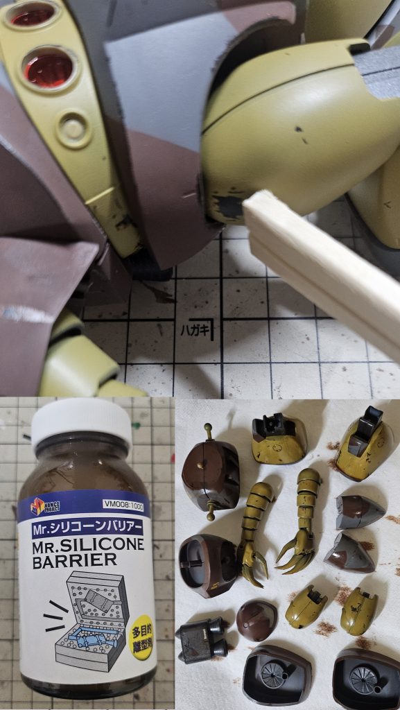 制作風景割り箸で上塗り剤をゴリゴリして剥がしているところ。この作業がなかなか面白い。剥がしすぎないように注意しながら作業しました。・工程サフ→ガンメタ→シリコンバリア→上塗り→チッピング→ウォッシング→マットコート