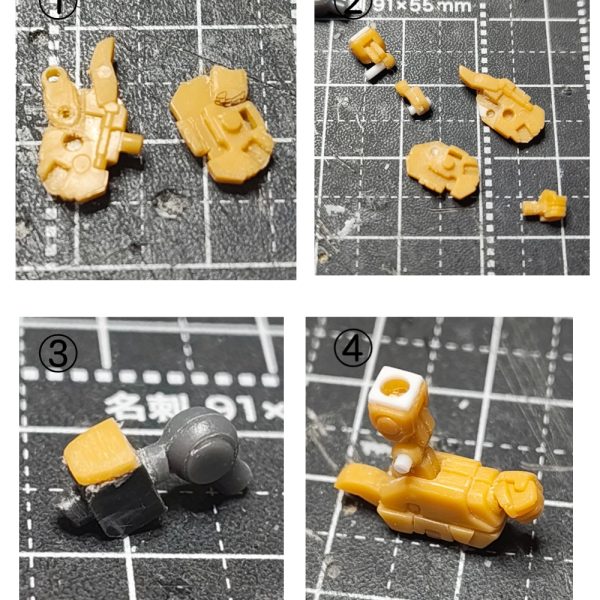 【ガンダムアーティファクト νガンダム改修①】ガンダムアーティファクトのνガンダムのスタイル改修狙いの可動化していきます。【脚部】①足首のTジョイント化。分離し、軸打ちしたいのでスライスして穴あける。②足首の横可動のため、軸打ち。③膝可動化。分離し、ネオジムを接地面に埋め込む。④もも側のディテールパーツを分離し、スネ側に接着。【胸部】①腕の付け根にBJの受けを移植するスペースを作る。②WAVEのBJ-03のBを使用。①で作ったスペースに入るようにカット。2㎜軸が使えるので、首下にある穴を2㎜まで拡張して使用。③はめるとこんな感じ。腕側の肩の可動はホビーベースの関節技球体ジョイントミニにBJ-03のボール軸の頭を移植いたものを使用。④脇下のディテールパーツが厚すぎると思ったので、半分にして再接続。【腕部】①、②のようにパーツ分解。のこ先が入りづらく苦戦しました。②軸ピンをプラ棒でつくり、可動化。③腕付け根のBJ受けにディテールを戻す。④二の腕に軸受け(2㎜穴をあける)の補強のためプラ板で。【腰】①上半身、下半身に分離し、下半身側に1.2㎜のプラ板で腰の厚さUPと2㎜軸ピンを打つ。②ふんどしアーマー部分を増幅した分上に移動。ふんどしアーマーの下が長すぎるのが短足にみえるので、スラスター部分からカット。③腰のフロントアーマーも大きすぎると感じたので、一回り縮小化。④フロントアーマーはプラ棒で軸打ち可動化。サイドアーマーはネオジムで。リアは可動化無し。【首まわり】①首まわりを少しさげたいので、後頭部側の襟を削除し、ヤスリなどで削る。②頭部の側でのBJ化。首のパーツ制作。ボールを接続部に設け、頭部側は首を除去し、エポパテで埋め、ボール受けをつくる。顎引きができます。【ノーマルと比較】腰の厚さとふんどしアーマーの上移動で足が長くなしました。次【ガンダムアーティファクト νガンダム改修②】(4枚目)