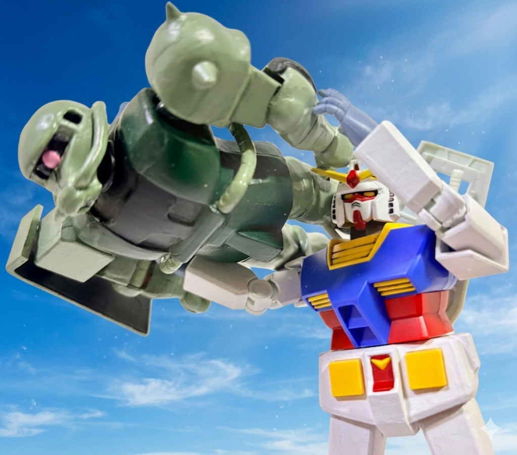 なお上記のやり方を応用してリバイバル版ガンダムにザクを持たせると、TV版ドアンザクのラストシーンを再現できる(gundam-kao3)