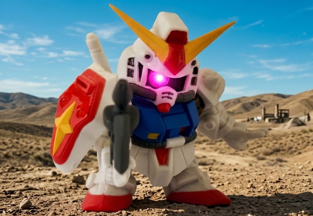 そんなにせガンダムも今風にリファイン。モノアイが左右に動くので「大見得を切る芝居」がしやすいのも魅力(zaku-kao6)