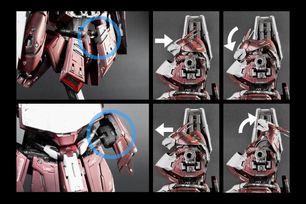 また、腰回りのアーマーにはヒンジ軸を2つ仕込んであり、脚の動きに干渉しないよう、スライドして空間を稼ぐことができるようにしています。ちなみに、なんでバンダイはこのギミックを入れないのかなー、と思っていたらPGUのニューガンダムで採用されていてびっくりしました。首関節も、何気にポージングには重要なので、かなり可動ポイントを入れています。基部と頭部そのものの接続はボールジョイントですが、ネックの基部全体も前後スイングし、首を伸ばすスライド機構と基部根元に大きく可動する軸を設けています。これでかなり表情づけが捗りますw