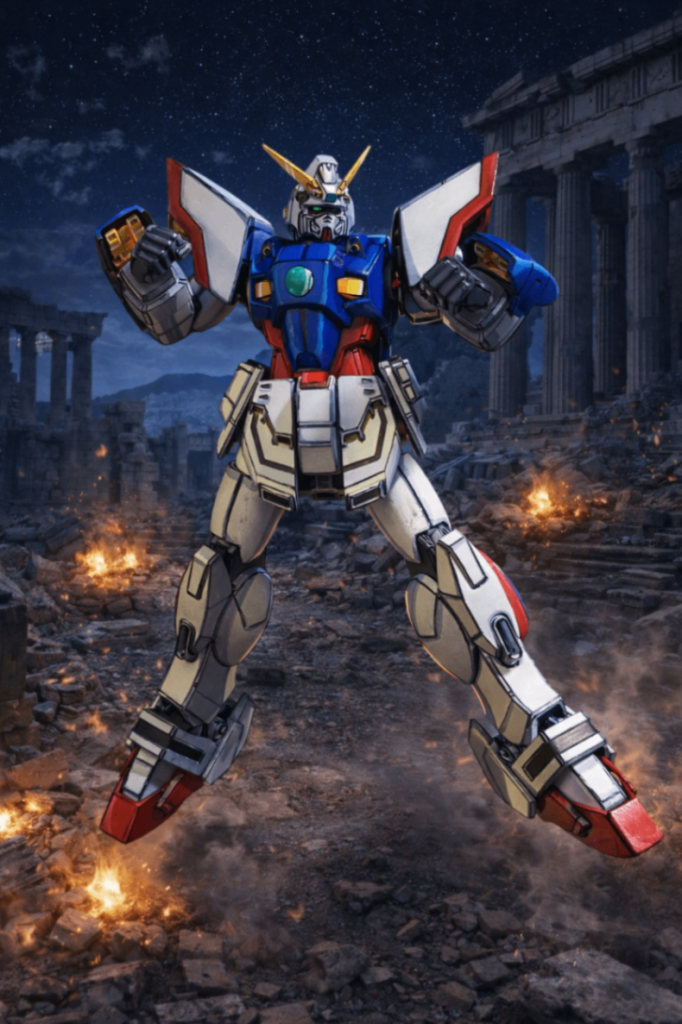 比較的シンプルで王道のガンダムのデザインとカラーリングがカッコ良いです。素手で戦うガンダムは初めは？？でしたがスポコンのノリでTV見ている内にはまりました。☺️☺️