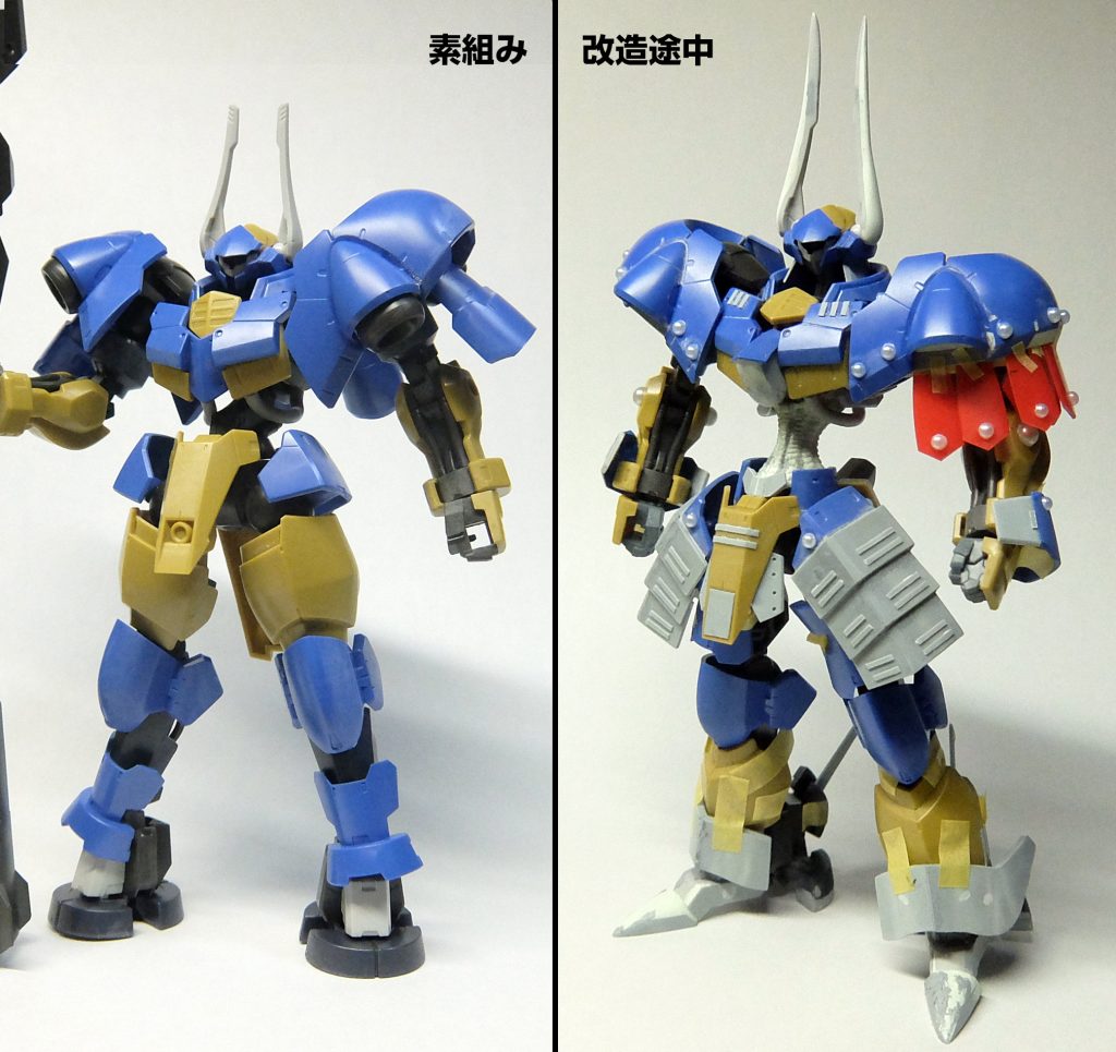 素組みと塗装前比較です。このあと、足首周りが窮屈だったんで、延長等諸々追加しました。（余談・・・）今回つくってて思ったんやけど、設定上のスカート取付方法として、モーターヘッドにはベルト部分があって、モビルスーツにはないんやね。特にガンダム系は、ベースが短パンやねんね。そやからウエストと腰アーマーのつながりに違和感がでるんやね・・・Z以降はスカートやけど、マーク2がパンツのままスカート感出すという中途半端なデザインにしてしもて、それを踏襲して今に至ってる感あるね・・・という事は犯人はマーク2のデザイナーやね・・・
