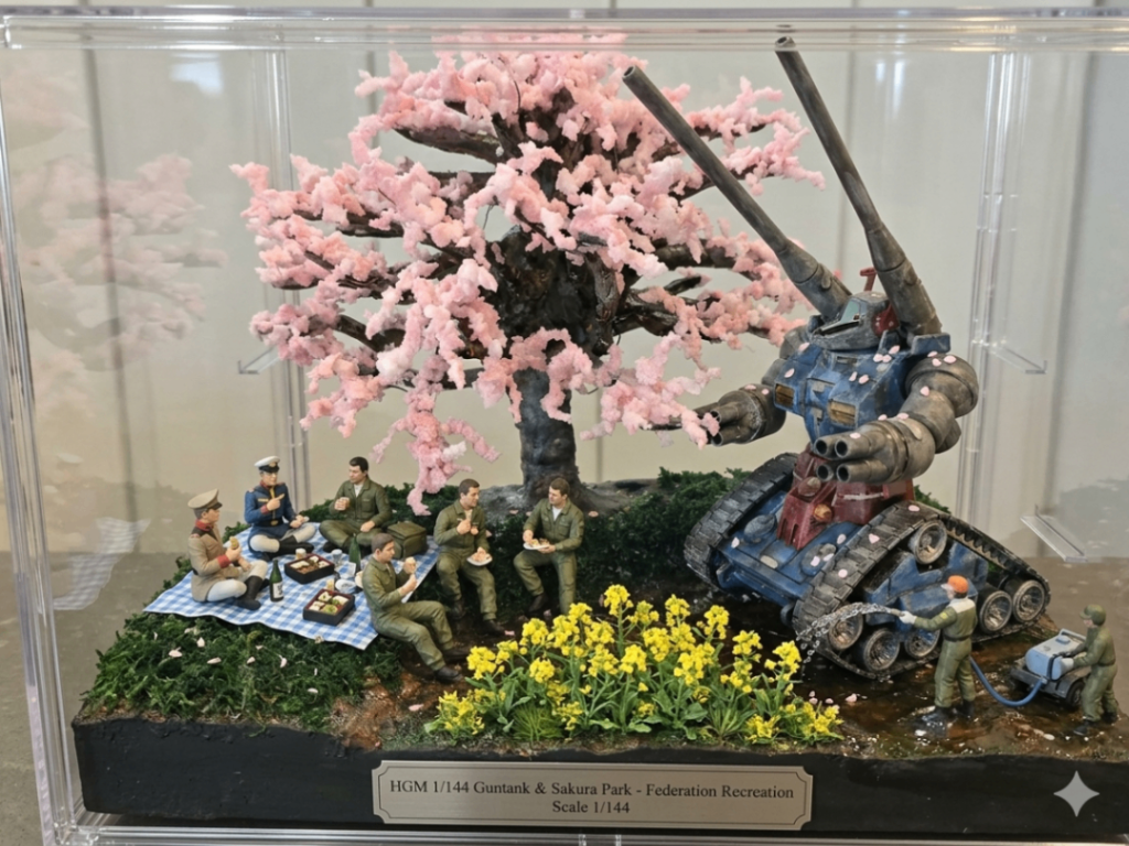 AIに「菜の花と、花見をしてる連邦軍の人たち、洗車をしてる整備士を追加してガンタンクに花びら落として。」って頼んだら画像生成してくれました。すげぇ