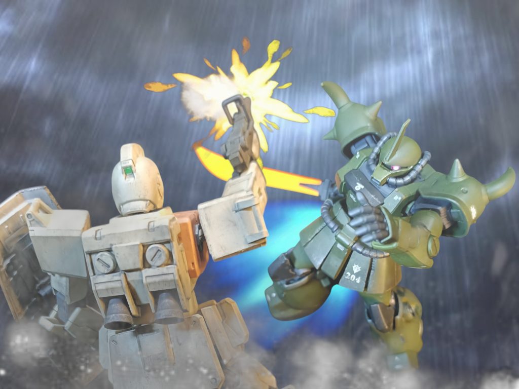 「来るな、来るなーー！！」そして彼らも泥の大地に脚を縛られ、報告にあった滑走するエース機に全滅させられるのであった。という連邦軍から見たヤーコブ機というジオラマ風景ですｗ