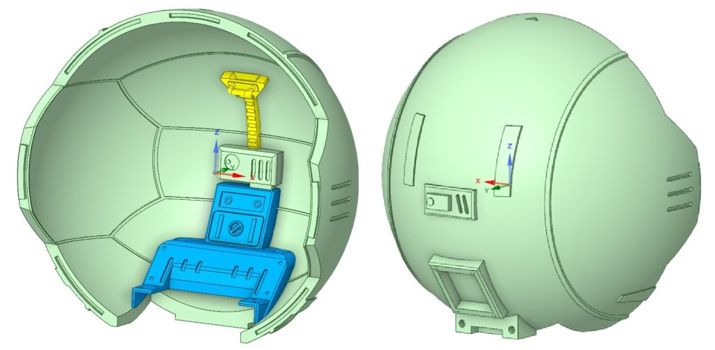 全天球シェル部は、設定画を参考に3D_CADでモデリング。このデータをもとに3Dプリンタで出力しました。