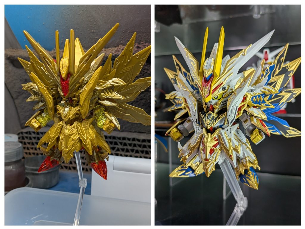 SDワールドヒーローズ　スペリオルストライクフリーダムドラゴン　ストフリカラー（なげーよ笑）完成です🎶海外の方が動画でこのカラーで塗ってるのを見て「カッコいい！！！これは真似したい！」って始めたキットマスキングがつらすぎて一度逃げたけど　なんとか完成まで持っていけた🎶　頑張ってよかった！めちゃくちゃかっこよく出来上がった😍このかっこよさ伝わってくれ〜🫵