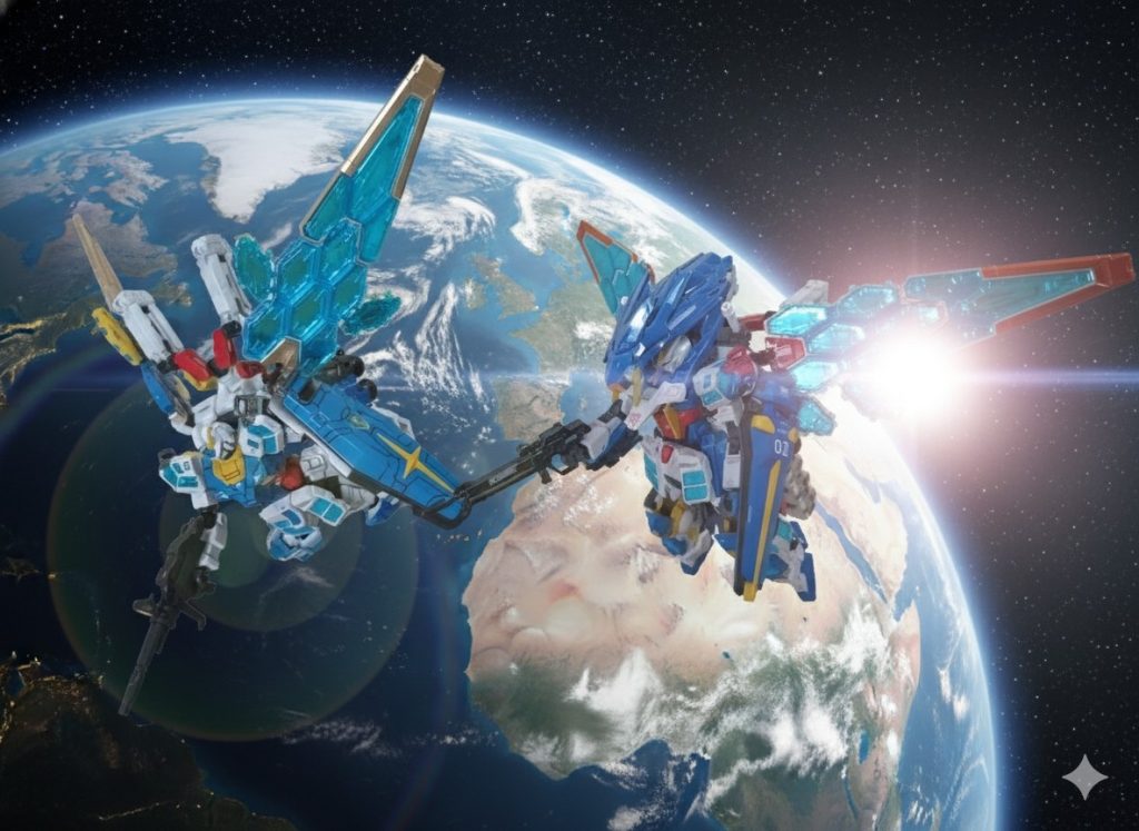 宇宙をゆく2機のグラスフェザー装備のガンダムお気に入りですAIに背景合成してもらいました&nbsp;