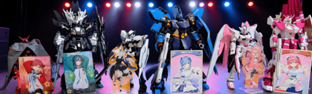 最後に、公式HPの画像に寄せた１枚を添えて締めです！ライブステージっぽい背景にこの6機にこの6人。まさにホロライブ✕ガンダムコラボって感じの１枚になってお気に入りの１枚です。遠目にしないと全機映らないので引きで撮ったのですが、そのせいでボケてしまうというね（笑）&nbsp;色々と今回のでやり切った感もあるので、しばらくお休み！英気を養い、また気が向いたらポツポツアップしていこうかと思いますので、その時はまたお付き合いください。というわけで、以上、ホロライブ✕ガンダムコラボ総まとめでした！ご覧いただき、ありがとうございました！！