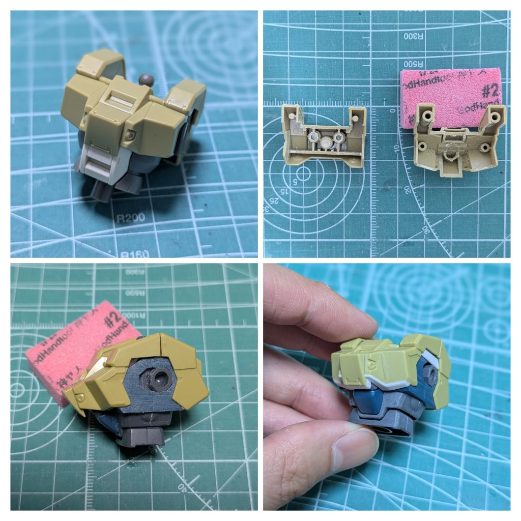今回1番手を加えたのが胸部です😁デミバーディングの装甲は、裏側をリューターで削り、Ez-8側もボディ幅を削りながらサイズが合うように調整しました😗隙間はプラ板等で埋めて、ポン付け感を抑える事が出来たと思います😆