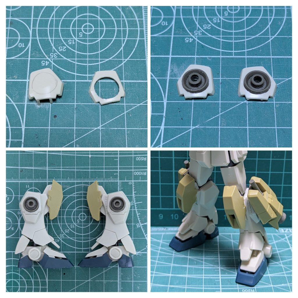 脚部はEz-8の脚部サイド部分を開口して、デミバーディングのフレキシブルブースターが取り付けられるようにしました✨また、ヒザ部分もボリュームアップの為に、デミバーディングの装甲を移植しています‼️ヒザのスラスター部分は最終パテで埋めました😁