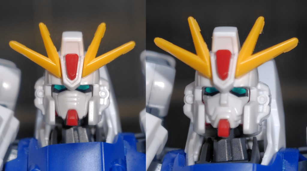 通常では線を掘った通常のガンダムフェイスだが最大稼働状態だとフェイスガードが開いてアルカイックな顔付きに変形。本キットは頭部ヘルメットを外して顔パーツを入れ替えて再現。