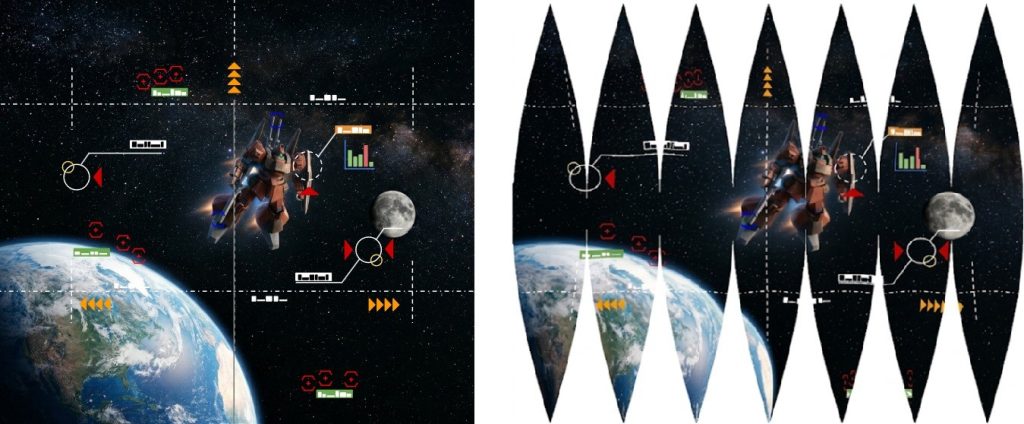 全天球モニターの画像は、　①画像生成AIにイメージを伝えてベース画を作成　②コックピットUIのようなものを想像して　自分で追加　③球面の展開図に変換（Webの無料サービス）　④画像生成AIで高解像度化　という手順で作成しました。