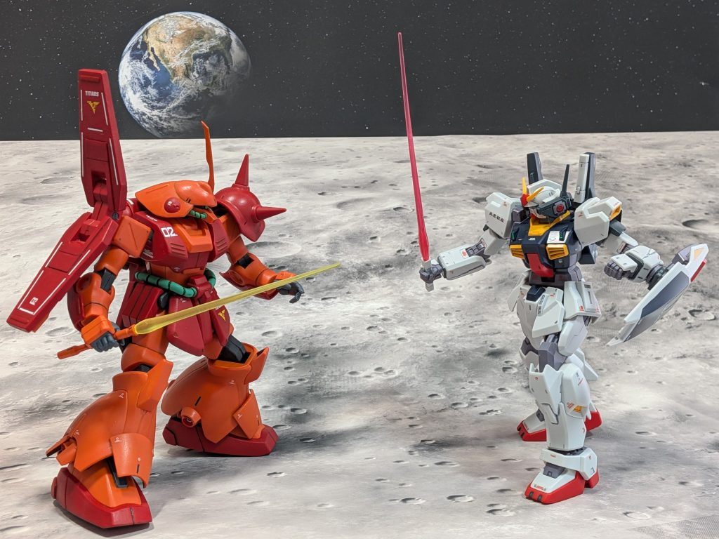 劇中でのガンダムMk-2との戦いでは、月面でバズーカの散弾を受けてた記憶があります。が、2体を写真に収めたかったので近接戦してることにしました。