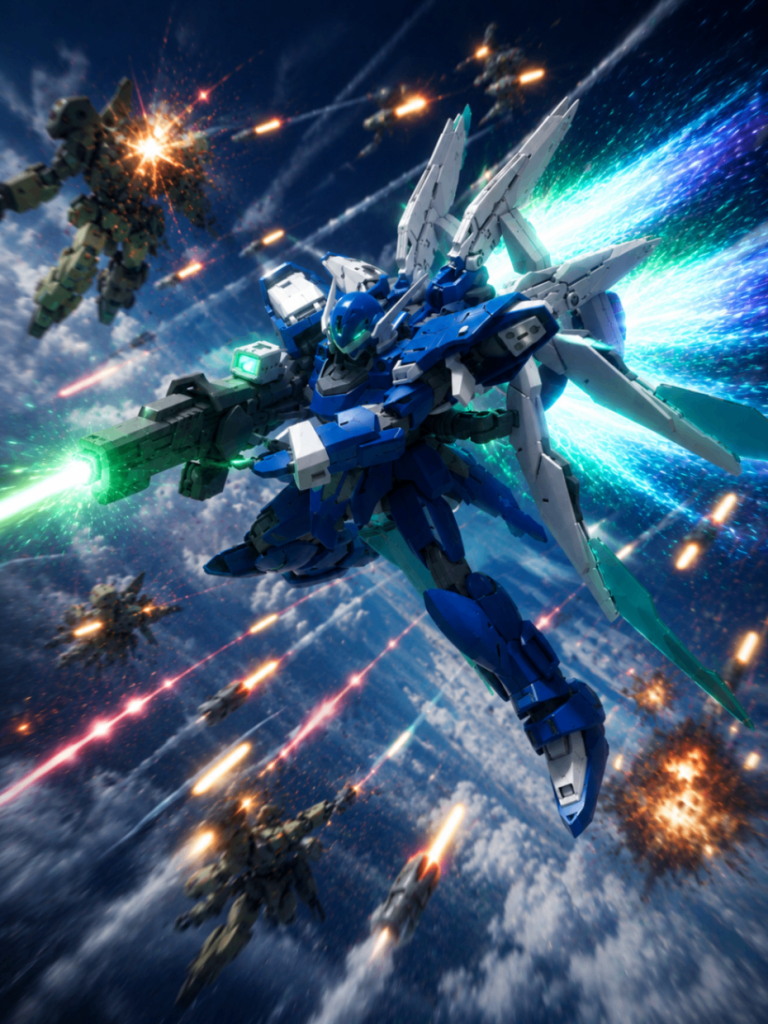 同じくスーパーロボット大戦からビルトファルケンのガンプラ再現作品です。弾幕を掻い潜りながら射撃戦を行なっているイメージです。