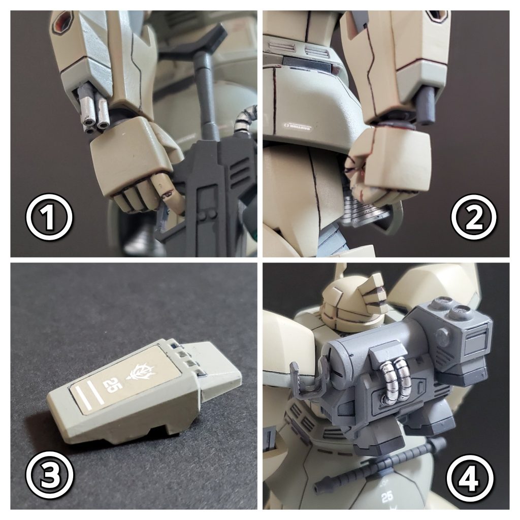 では今回の改修ポイント～🤩🎵①右腕アームガトリング…陸戦型を名乗るのに必要と思い3連ガトリングを装備。こちらはビルダーズパーツのパワードアームズパワーダーのガトリングの先端を流用しました🤭🎶②左腕速射砲…こちらは少し太めの主張がハッキリする砲身が良いなと思ったので、陸戦型ガンダムのマシンガンの先端を使いました👍️③ショートシールド…陸戦型のショートシールドは、もっと大きな物みたいなのですが、フルスクラッチになり私の技量では困難そうなので、ゲルググキャノンのものを使いました🤣💦④バックパックは以前制作しましたドム・トロピカルタイプに作ったものを拝借しました。こちらはゲルググキャノンのバックパックの砲身を排除した状態となります👍️✨
