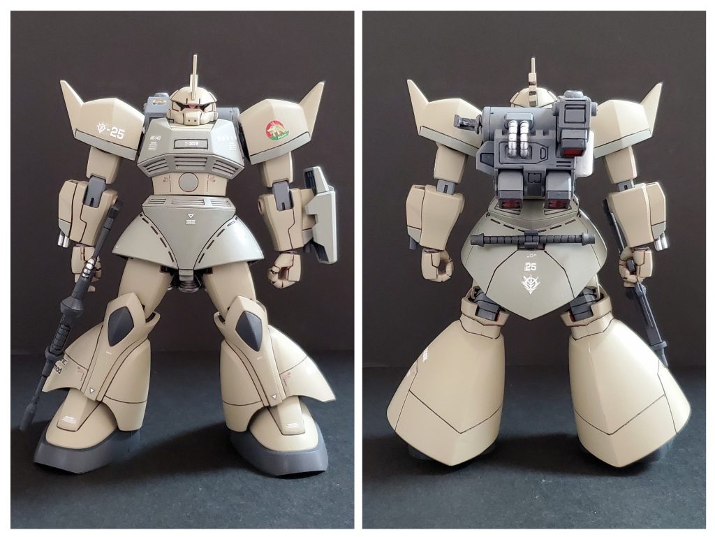 こちらが真正面と真背面です🙌✨全体各所にスジ彫りを少し加え、私のゲルググ制作定番の改修を施し仕上げました🎵シャア専用ゲルググをベースに制作しましたので、もちろん筆塗り全塗装となります🖌️✨