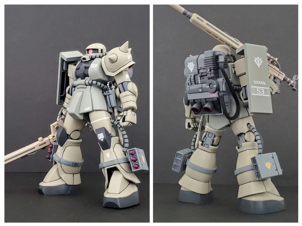 そしてこちらは出番あまりなかったですが、僚機用にゲルググに合わせたアフリカ戦線の旧HGUCザク(エコプラ)になります🤭🎶この機体はガンダムUCに出てくるヨンム・カークスが一年戦争時に搭乗していたというイメージで、スナイパーライフル装備で制作しました😎スナイパーライフルのセットは、ザクIスナイパーから頂戴いたしました～🤣🎶