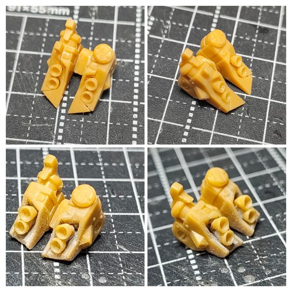 ガンダムアーティファクトのνガンダムのスタイル改修狙いの可動化制作記パート3。【ビームサーベルエフェクト】前回よりエフェクト強めの感じを制作。前回と同じくエポパテで大体の形を作り、硬化してから削り込んでメラメラ感を。それをお湯まるで透明UVレジン複製。さらに削り込んだりして整え、蛍光エナメルを塗り、光沢トップコートで保護。【シールド】シールド上部の凹みモールドはデカールをはりたいので埋め、下部は、寂しいのでモールド追加。排気ダクト部もモールドをケガいたプラ板を貼り付ける。【バックパック】バーニアが埋まってる感じだったので、バーニア部分を切り離す。バーニアが収まるところを削り込む。バーニア下部は半分潰れてるので破棄。第2弾のサンボルジムのサブアームのバーニアディテールを使い、プラ板を挟んでL字になるようにする。塗装しやすいように真鍮線を差し別パーツ化。収まるところが長いと思いカット。【ノーマルバックパックと比較】イイ感じになったと思います。次【ガンダムアーティファクト νガンダム改修④】 (5枚目)
