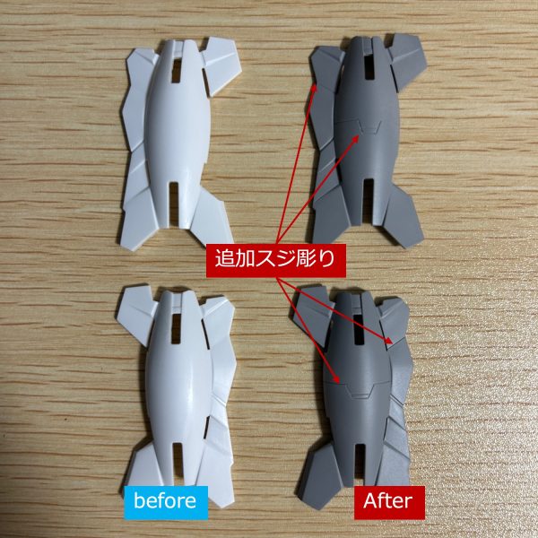 サイコフレーム搭載の機体を造りたくてユニコーンガンダムを造り始めました。ver.kaの改善版的な位置づけのMG(アニメ版)を選んでみました。ユニコーンモードだと基本機体は白一色なのでノッペリ感が出ないようにスジ彫りを追加しつつグラデーション塗装で作っていこうかと思っています。（2枚目）