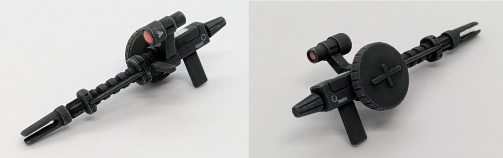 ザクマシンガンは銃口と照準器がふさがっていたので開口しました。ついでに照準器にHアイズを埋め込んでます。せっかくモールドが良いので、それが活きるようにグレーで塗装してから軽くドライブラシしました。