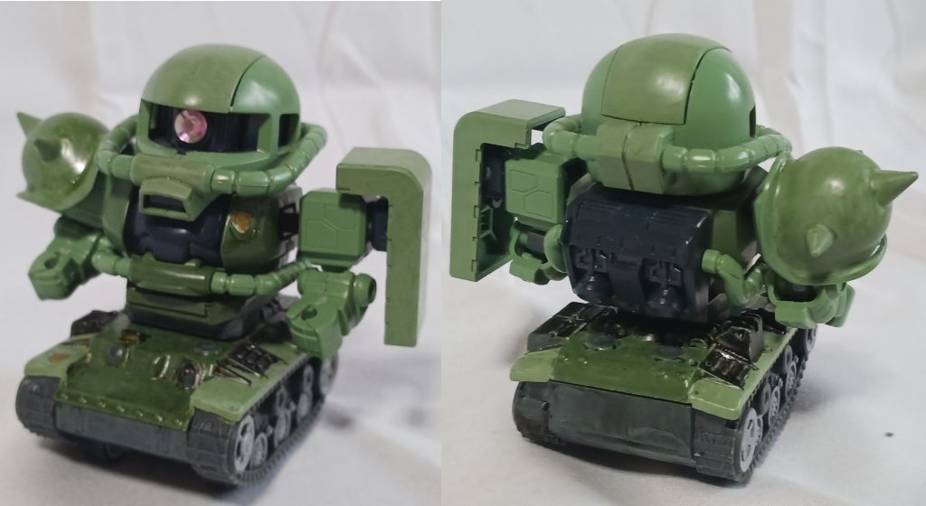 上半身のザクはBB戦士GジェネレーションのザクⅡ、下半身の戦車は100均で売っていた戦車のおもちゃの砲塔をはずしたものです。それ以外は無改造で、ザク本体は合わせ目けしにガンダムマーカーでリタッチしたくらい。戦車側はガンダムマーカーのジオンカラーを使って、それらしく塗り分けています。モノアイは100均のデコレーションシールでクリスタル調に変えています。