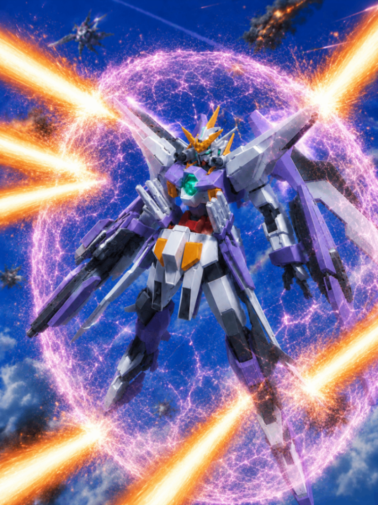 ガンダムAGE-2スカイラークキュリオスとAGE-2のミキシングです。ラークは鳥のヒバリと言う意味で、ヒバリは天の使いと親しまれているらしいです。ソレスタルビーイングには天使関連の名前が多いので、そう決めました。