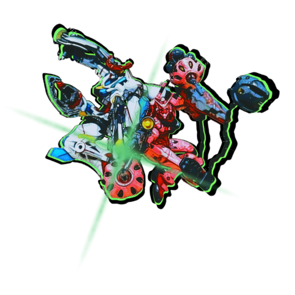 こちらがメインのジークアクス＆赤いガンダムです！こちら百均で購入可能のディスプレイスタンドを使いグリーンバックで撮って切り抜いています！そして編集で真っ黒、緑、コミックっぽい感じのを作って真っ黒➡緑➡コミックで重ねてます！