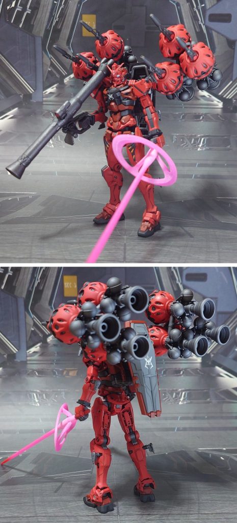 拡張セットを赤いガンダムに取り付けたところ。■塗装レシピ赤∶グレーサフ→MSレッド→光沢→つや消し黒：黒サフ→メタリックブラック→つや消しビットグレー：黒サフ→ブライトガンメタル→つや消し武器類グレー：黒サフ→ガンメタル→つや消しビーム刃エフェクト：先端側にメタリックレッド→根元にベースホワイト→光沢その他墨入れ・部分塗装：ガンダムマーカー各種