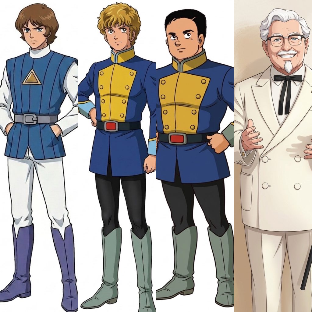 妄想キャラデザインです。左から主役のリョウ・シサムとハン・ライル。マダル・カイト、カーネル博士です。元キャラ💦💦カーネルといえばこの人です。&nbsp;