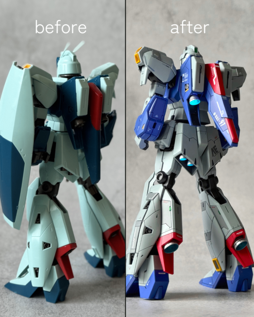 背面のbefore & afterバーニアを大きくして存在感を増してみました内部も蛍光カラーで塗ったので光ります