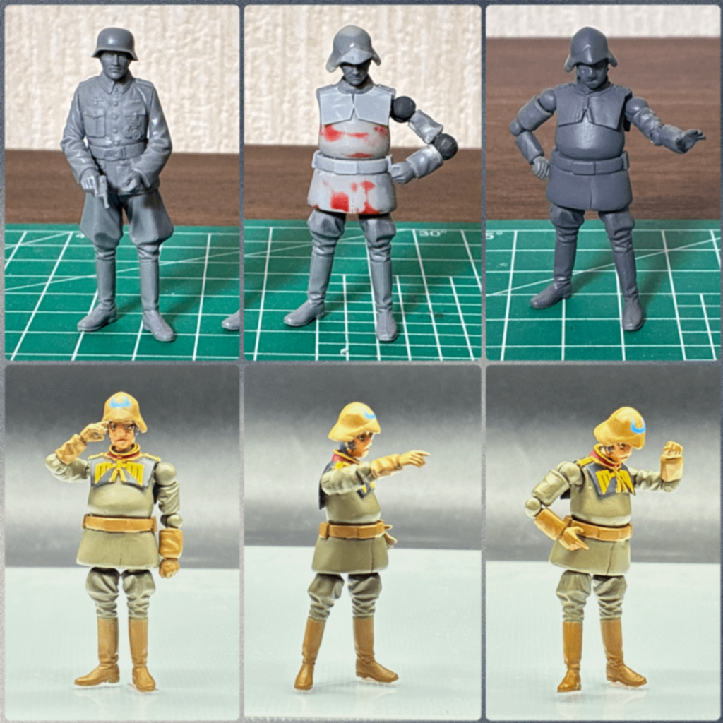 ムサイはほぼ塗装のみで途中経過も撮影してないので、制作工程は特に無しです。ドレンはタミヤの1/35ドイツ兵を芯にして、パテとプラ板で体型変更、関節を追加しています。関節は首、足の付け根にボールジョイント、肩と肘にTジョイント、腰、腕の付け根、手首に回転軸が入ってます。ハンドパーツは左右2つの交換式です。座る必要が無いため膝と足首の関節をオミットしたので、簡単に可動化できました😃