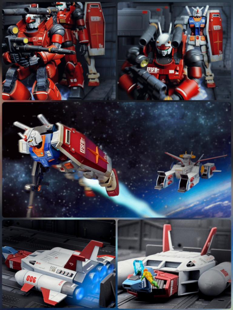 ハヤト:C109発進スタンバイ！アムロ:宇宙か…アムロ行きます！セイラ:セイラ、006行きます！整備兵:第2エンジンがちょっと咳き込むんです。スレッガー:分かってるって言ったでしょ、離れんとぶっ飛ばされるぞ。スレッガー行くぜっ！