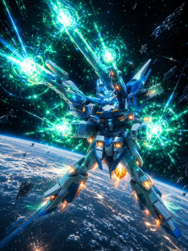 AGE-FXをベースにAGE-2アルティメスのパーツを付けました。背中の長い筒は、確かAGEのドラドの尻尾だったかと思います。最後まで名前を決められなかった機体でした。