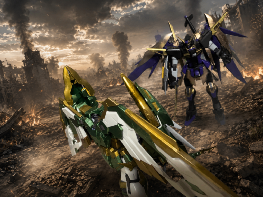 Wガンダムナタク(関羽カラー)と共に飾っていました。おそらくもう捨てられてしまったのでまた呂布をイメージしたガンダム作りたいと思います