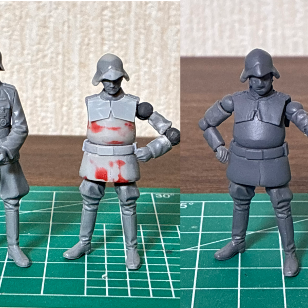 1/35タミヤのドイツ兵をベースにドレン大尉の可動フィギュアを作成しました😃造形は良いのですが顔が…やはり私にこのサイズは描けないです。リトライする時間はないのでとりあえず完成とします。109はほぼドアン版なので特に言うことはないですが、108と並べると感慨深いものがありますね😁（2枚目）