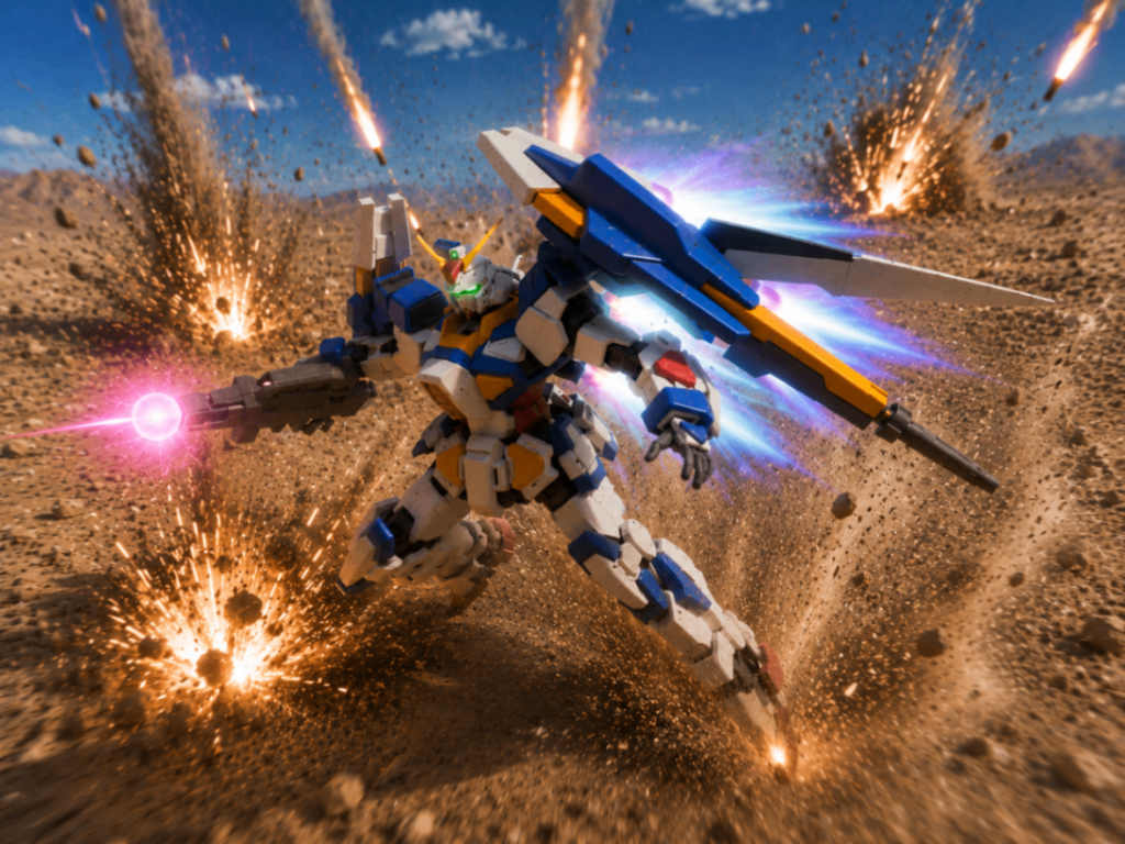 ビギニングガンダムヴァレットバラッジビギニングガンダムDにガンダムAGE-2のパーツをミキシングしました。手持ち武器はガンダムアストレアのプロトGNランチャーです。
