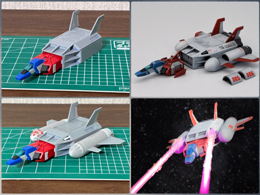 スクラッチしたものだけ紹介させてください。コアブースターは旧キットを作ってみたいと思いつつとにかく手に入らない！　念願のムサイをゲットしたのだから是非キャメル艦隊戦が作りたい…どうすればと悩んだ末、RGのコアブロックを流用してブースターを自作することにしました😃機体番号書いてあってこそのめぐりあい宇宙なので、005と006のコンパチ仕様とし、コアブロックと機体番号部は磁石固定しています😁