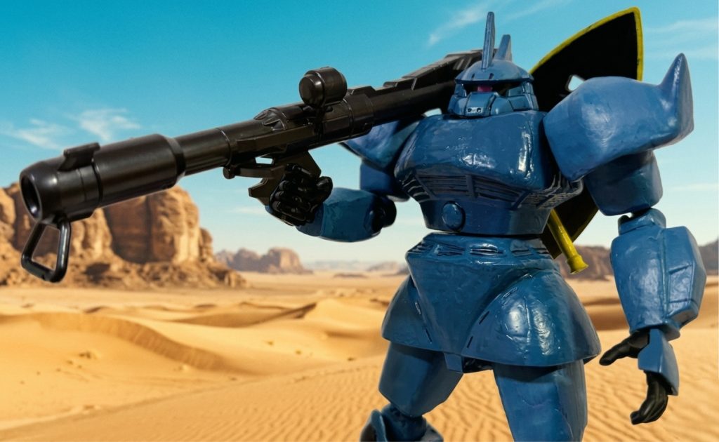 作品名：ゲルググ（ジャイアントバズ装備）。<p>Gフレームのジャイアントバズがこの前作ったゲルググにもマッチしていたので、デジラマを作ってみた。 1枚目はジオラマ風。 2枚目はアニメ風で。</p>
