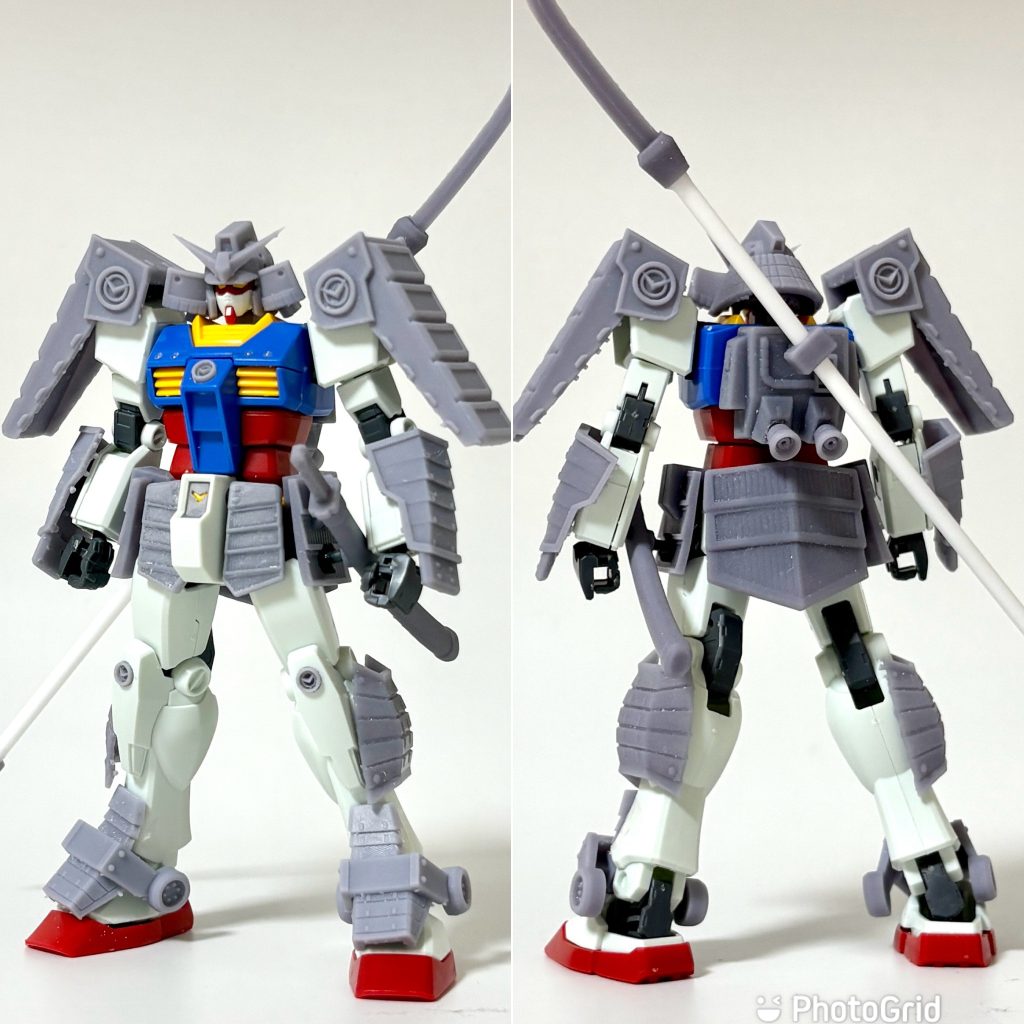 「EGガンダム」に3Dモデリングで製作した鎧を着せたところ。「モビルスーツ戦国伝」や「BB戦士」「MG」などを参考にしてデザインを進めました。現状合わせで進めていくため、ぜんぜんフィットせず、何度もトライする中でこの形にまとまりました。