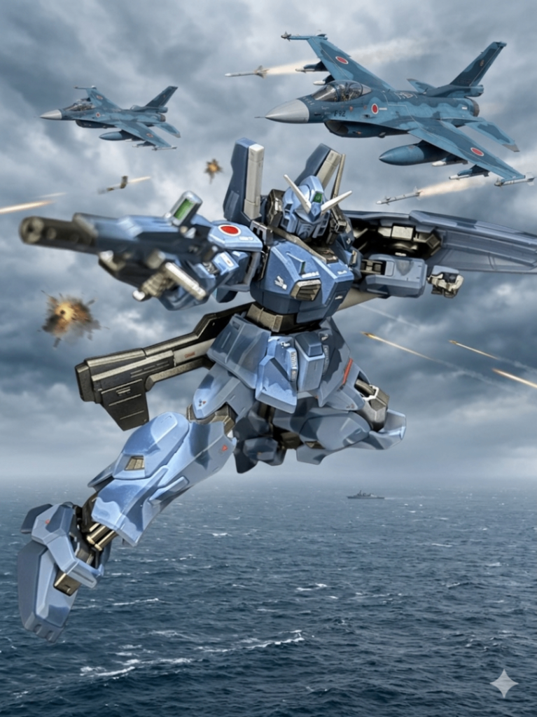 いつものようにGeminiくん作。海上戦イメージ。このカラーリングの基となったF-2A戦闘機も背景に入れてもらいました。バチクソカッコいい(zaku-kao2)